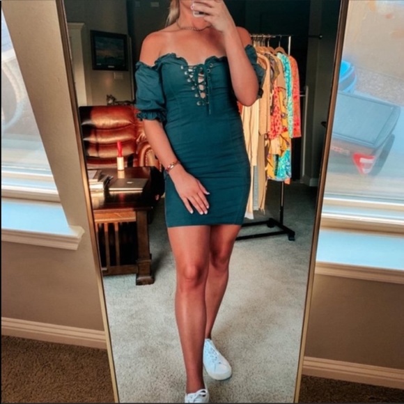 Lulus Dark Forest Green Off Shoulder Lace-up Dress - Picture 6 of 14